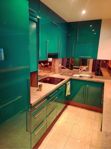 - une cuisine verte avec des placards verts et un évier dans l'établissement Brise marine Croisette, à Cannes