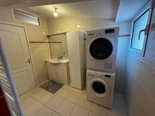 a bathroom with a washing machine and a sink at Grand appartement avec jardin - Centre ville in Cambrai