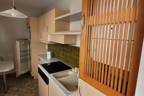 une petite cuisine avec un évier et une cuisinière dans l'établissement Appartement, à Vichy