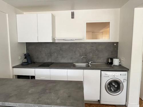 une cuisine avec un évier et une machine à laver dans l'établissement Harmonie - Affaires & Loisirs à Rueil, à Rueil-Malmaison