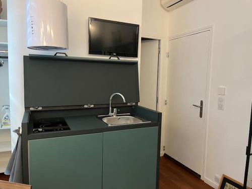 Il comprend une cuisine avec un évier et une télévision murale. dans l'établissement Studio Marseille, à Marseille