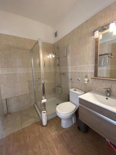 a bathroom with a shower and a toilet and a sink at Polis Chrysochous Entire Apartment in Polis Chrysochous