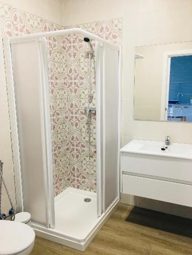 a bathroom with a shower and a toilet and a sink at Apartamento San Miguel Nº1 in Jarandilla de la Vera