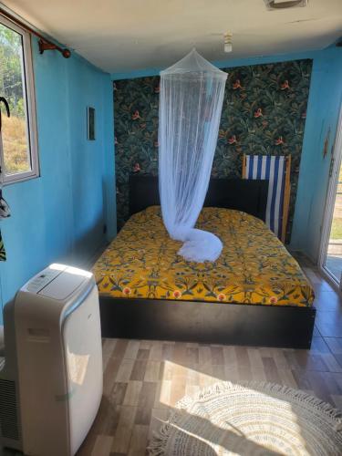 ein Schlafzimmer mit einem Bett mit Vorhang darauf in der Unterkunft Petite maison de tôle Rodriguaises in Tambe
