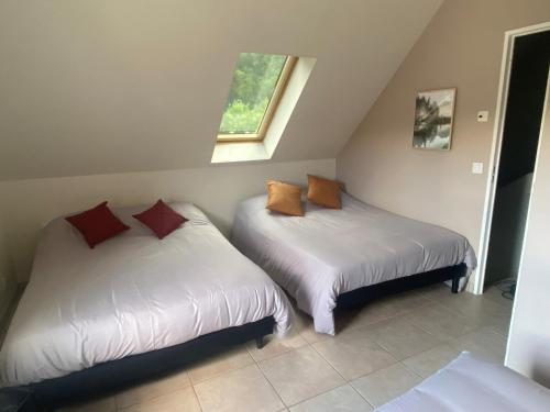 deux lits dans une chambre avec deux fenêtres dans l'établissement Au dessus des près, à Lye