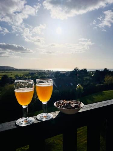 deux verres de bière posés sur une balustrade avec vue dans l'établissement Appartement vue mer - plage à pieds, à Blonville-sur-Mer