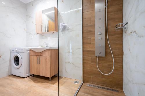 a bathroom with a washing machine and a shower at Anni Seafront Studios in Plati