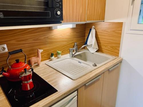 Il comprend une cuisine équipée d'un évier, d'une cuisinière et d'une bouilloire. dans l'établissement Appartement vue mer - plage à pieds, à Blonville-sur-Mer