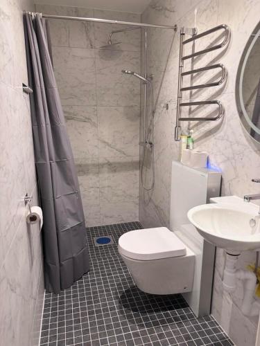 a bathroom with a shower and a toilet and a sink at Explore Stockholm Old Town in Stockholm