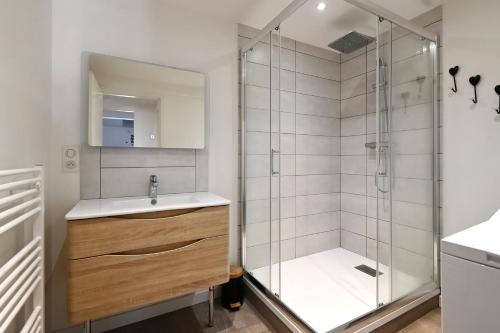 La salle de bains est pourvue d'une douche en verre, d'un lavabo et d'un comptoir. dans l'établissement Les Marmottes - Charmant Appt pour 7 p, à Gérardmer