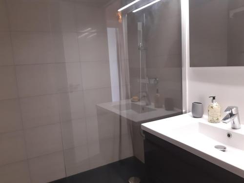 une salle de bain blanche avec un lavabo et une douche dans l'établissement Charmant appart. ouest parisien, à Boulogne-Billancourt