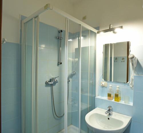 a bathroom with a glass shower and a sink at B&B Sant'Agostino in Milan