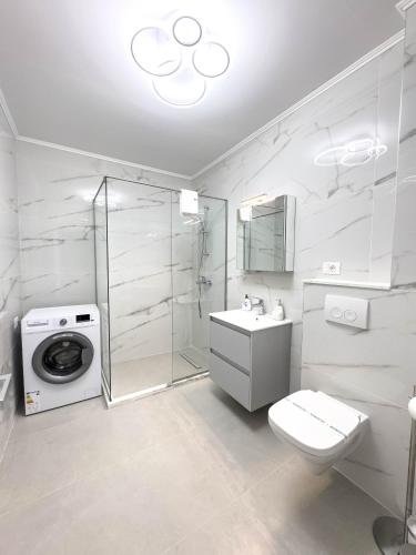 a bathroom with a toilet sink and a washing machine at Wave 6 Apartments in Năvodari
