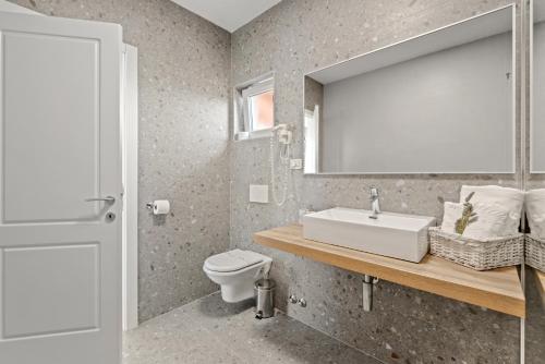 a bathroom with a sink and a toilet and a mirror at Apartment Complex Irena with Pool in Poreč