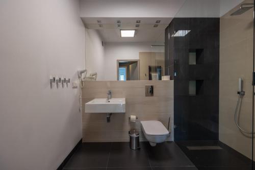 a bathroom with a sink and a toilet and a shower at Apartamenty Baltic Inn in Pogorzelica