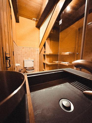 a bathroom with a tub and a toilet in a room at Aguilhões River House in Pedorido