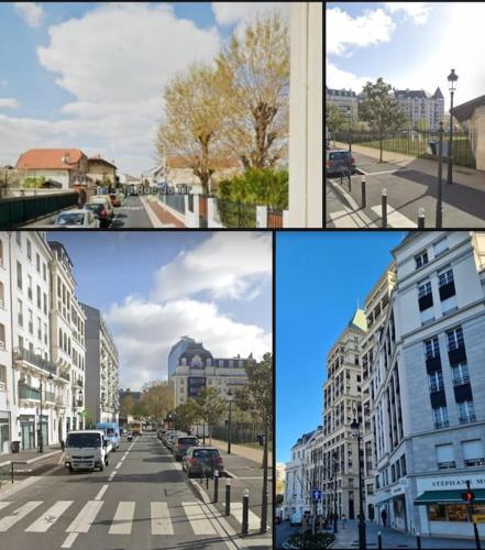 quatre images différentes d'une ville avec des bâtiments et des voitures dans l'établissement Maison cosy Paris La Défense, à Nanterre