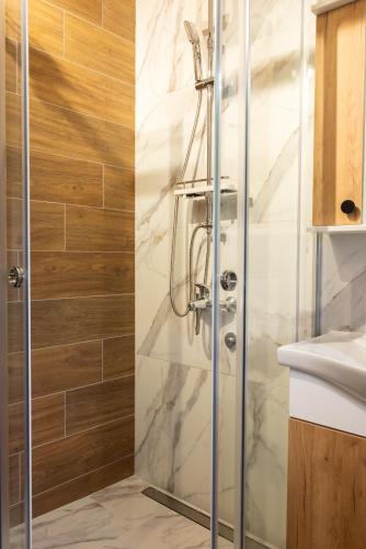 a shower with a glass door in a bathroom at Apartmani Skadarlija Valjevo in Valjevo