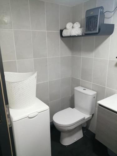 une salle de bain blanche avec des toilettes et un lavabo dans l'établissement Appartement tout proche de Bourg-en-Bresse, à Péronnas