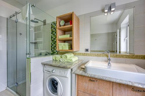 a bathroom with a washing machine and a sink at Debeli Rtič Apartments in Ankaran
