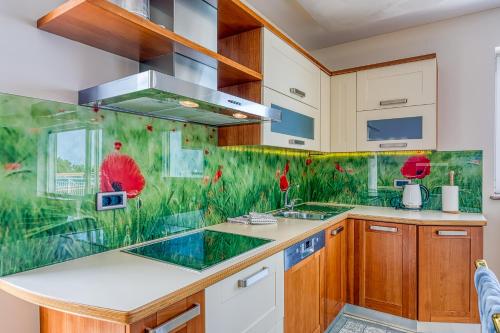 a kitchen with red flowers painted on the wall at Debeli Rtič Apartments in Ankaran