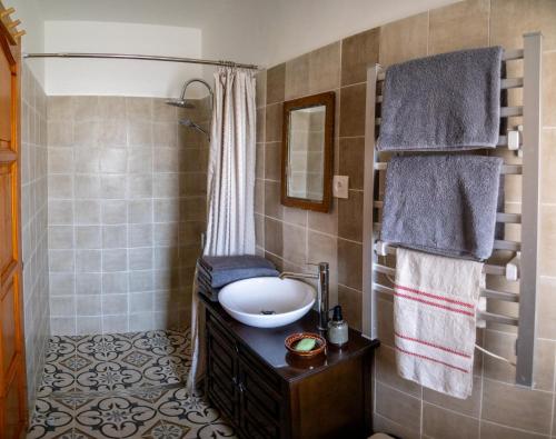 a bathroom with a sink and a shower at Rozmaringos vendégház Szenna in Szenna
