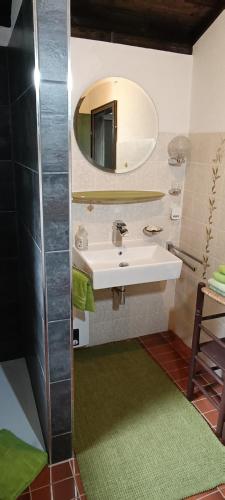 a bathroom with a sink and a mirror at Haus am Wald in Lissendorf