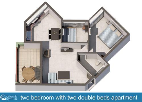 a floor plan of two bedroom with two double beds apartment at Artemis Cynthia Complex in Paphos City