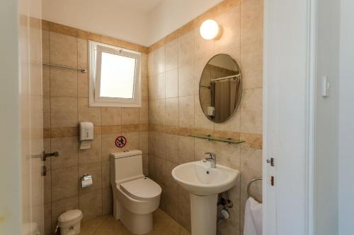a bathroom with a toilet and a sink and a mirror at Artemis Cynthia Complex in Paphos City