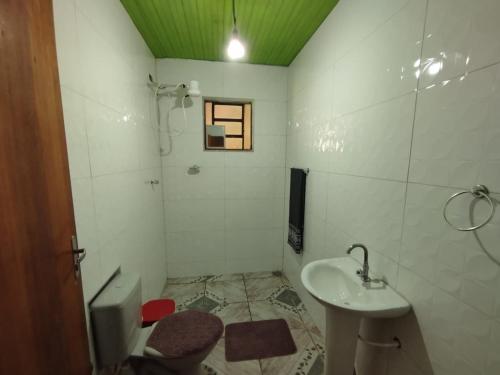 Un baño con lavabo, ducha e inodoro. en Casa Vista Verde, en Camanducaia