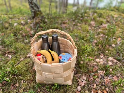 a basket filled with bottles and bananas on the ground at Metsäsydän mökki 1 Minttumaari in Puumala