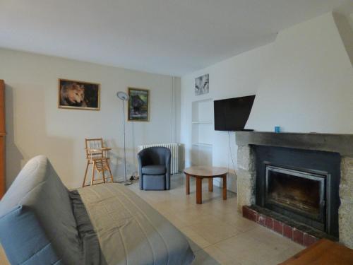 a living room with a couch and a fireplace at Village de gîtes de Sainte-Lucie in Sainte-Lucie