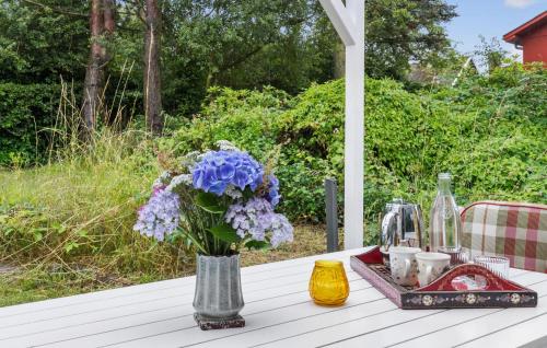 a vase of purple flowers sitting on a table at 2 Bedroom Cozy Home In Allinge in Allinge