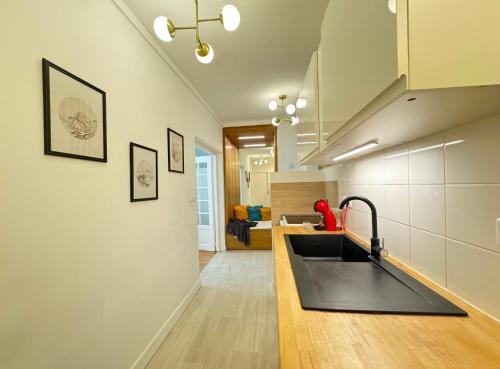 une cuisine avec un évier et un comptoir dans l'établissement De Gaulle - Parade 24h - Parking - 6 pers, au Mans