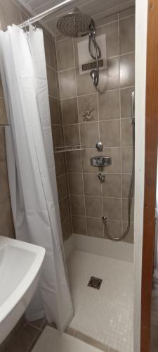 Un baño con ducha, lavabo e inodoro. en Ferienhaus Pieschl, en Pertitschach