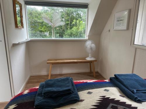 a bedroom with a bed with a window and a table at Vakantiehuis Flori in Bergen