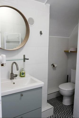 une salle de bain avec un lavabo et un miroir et des toilettes dans l'établissement Madame paris, à Villejuif
