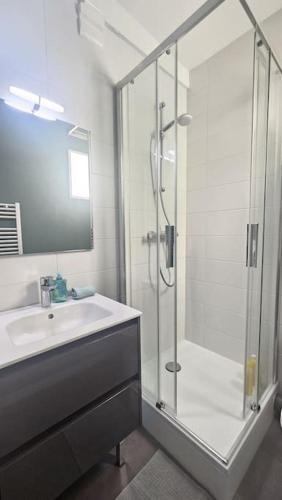 une salle de bain avec une douche en verre et un lavabo dans l'établissement Le Cocon #Montferrand#Calme, à Clermont-Ferrand