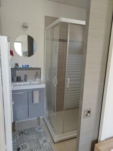 une salle de bain avec douche et lavabo dans l'établissement Bienvenue au Dormidou en Provence !, à Vacqueyras