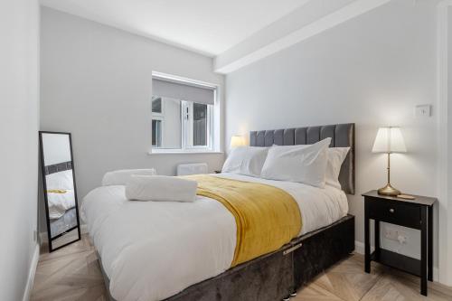 a bedroom with a large bed and a mirror at Modern Apartment Free Off Road Parking 2x Double Rooms Suite 11 in Nottingham