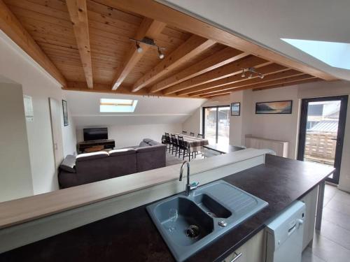 a kitchen with a sink and a living room at Le Logement de Vers les Champs in Lornay