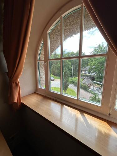 an empty window with a view of a yard at Fischhaus Wendisch Rietz in Wendisch Rietz