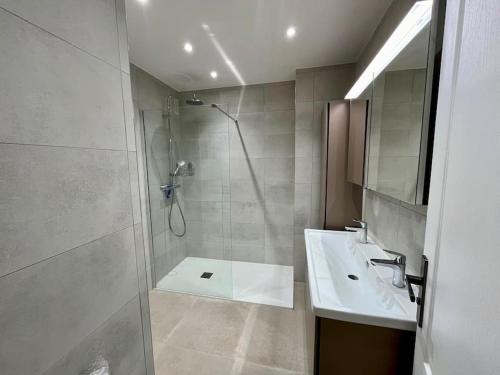 une salle de bain avec douche et lavabo dans l'établissement Viva Riviera Large 3 Bedrooms with Balcony, à Cannes