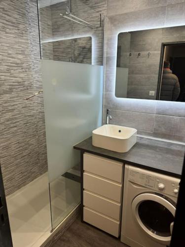 une salle de bain avec un lavabo et une machine à laver dans l'établissement Appartement Tignes Val claret, à Tignes