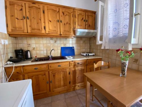 a kitchen with wooden cabinets and a table and a sink at Nostos in Patitiri