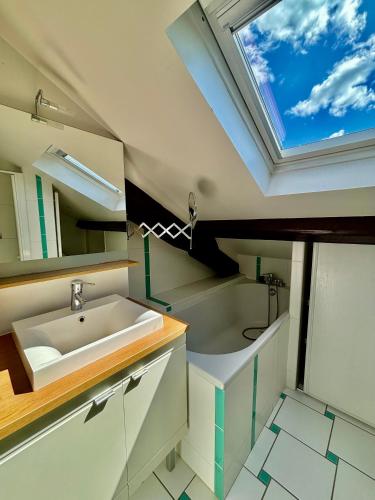 La salle de bains est pourvue d'un lavabo et d'une lucarne. dans l'établissement Grande Maison Clermont Ferrand, à Clermont-Ferrand