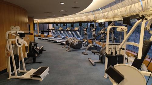 a gym with rows of treadmills and machines at Monarch Plaza Hotel in Taoyuan