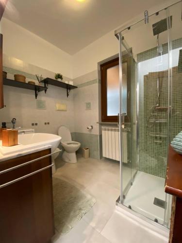 a bathroom with a shower and a toilet and a sink at La casa nel bosco in Bussoleno