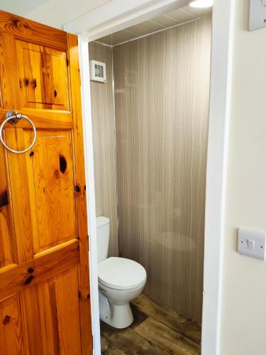a bathroom with a toilet and a wooden door at St Margaret's Hope Backpackers Hostel in Orkney