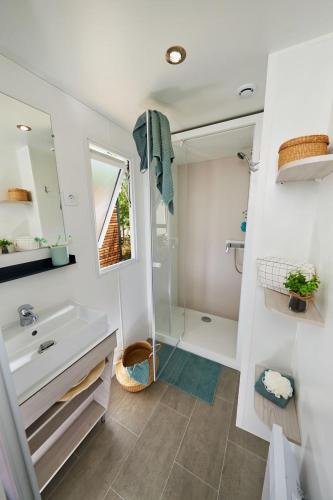 une salle de bain avec un lavabo, une douche et un miroir dans l'établissement Camping le Village de Florine, à Coëx